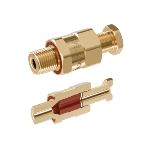Precision industrial fittings for hydraulic systems, showcasing high-quality brass components from R. STAHL Tranberg.