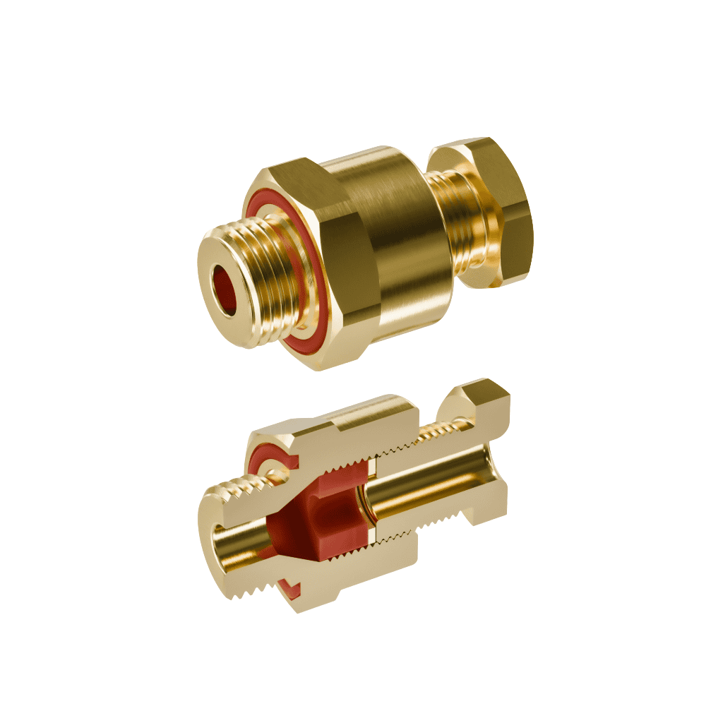 Cable gland in brass, displays inside.