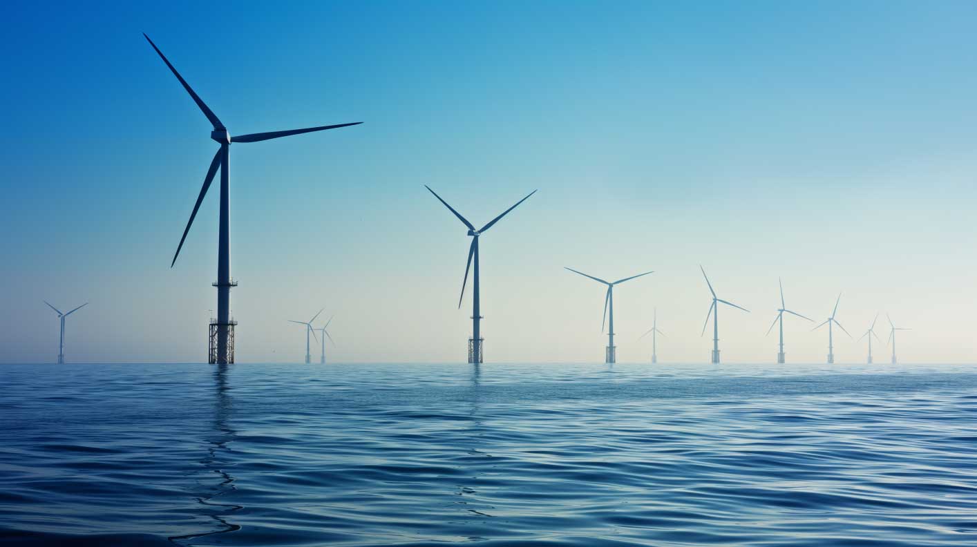 Offshore wind turbines in the ocean during daytime, representing renewable energy and sustainable power generation.