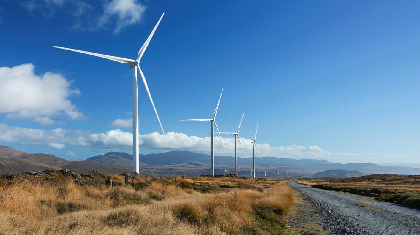 Wind turbines on a windy landscape under a blue sky with clouds, representing renewable energy solutions.